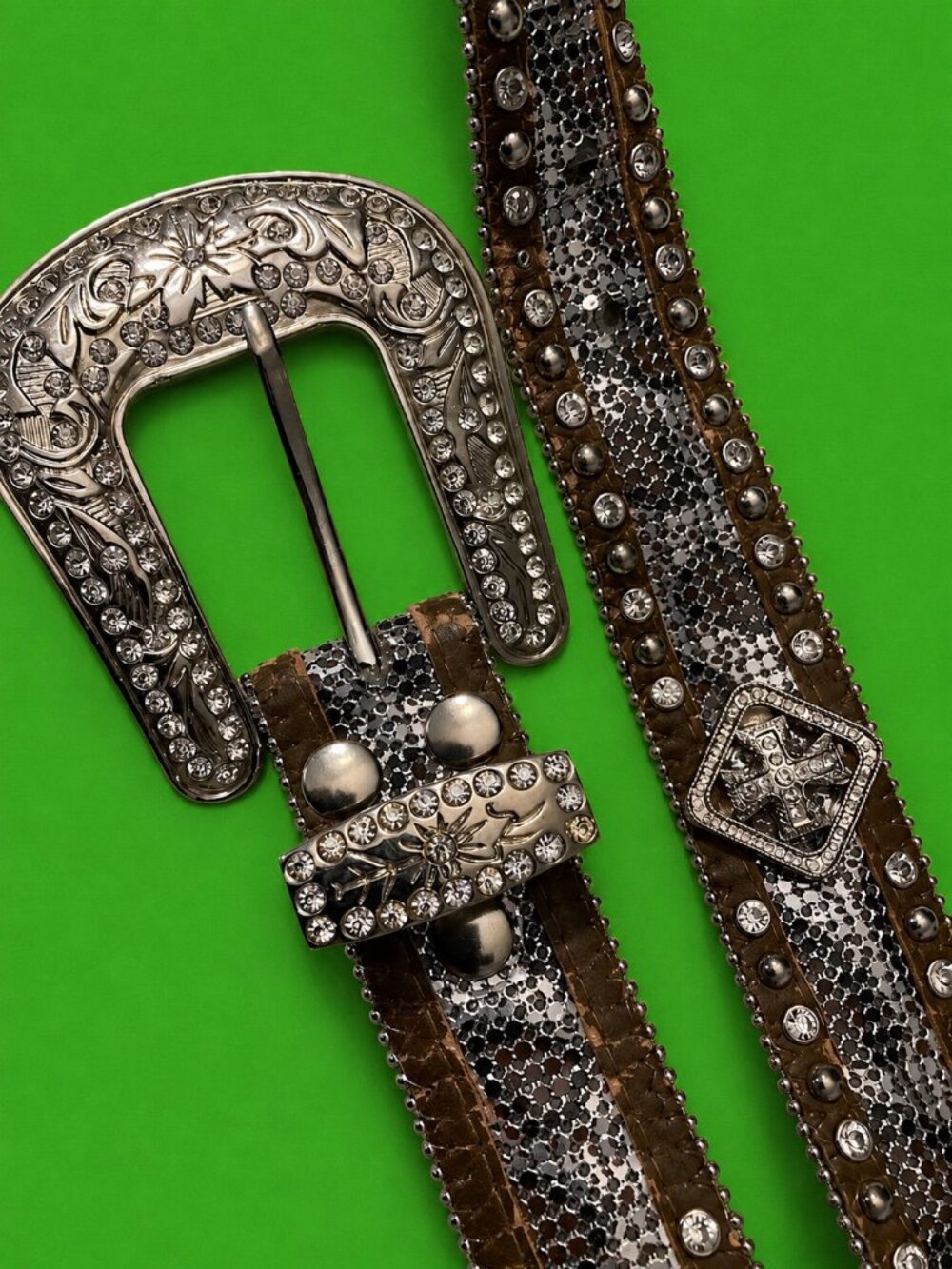 Vintage Western Leather Belt XL Rhinestones & Large Buckle